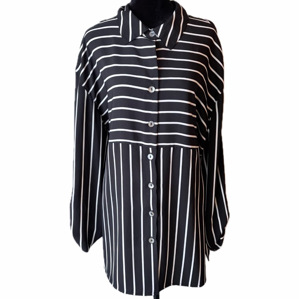 dressbarn Black and White Multidirectional Striped Blouse